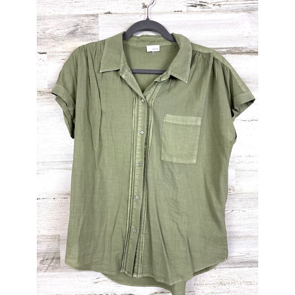 Ecru Womens L Green Lightweight Short-Sleeve Cotton Button-Up Summer Top